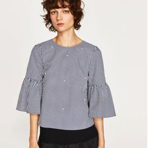 NWT: Zara - Blue & White Poplin Top w/ Faux Pearls